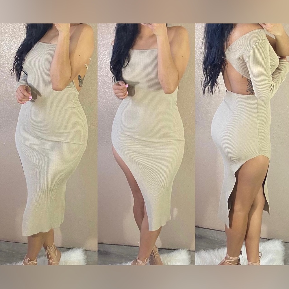 Nude One shoulder long sleeve dress Slit Cut